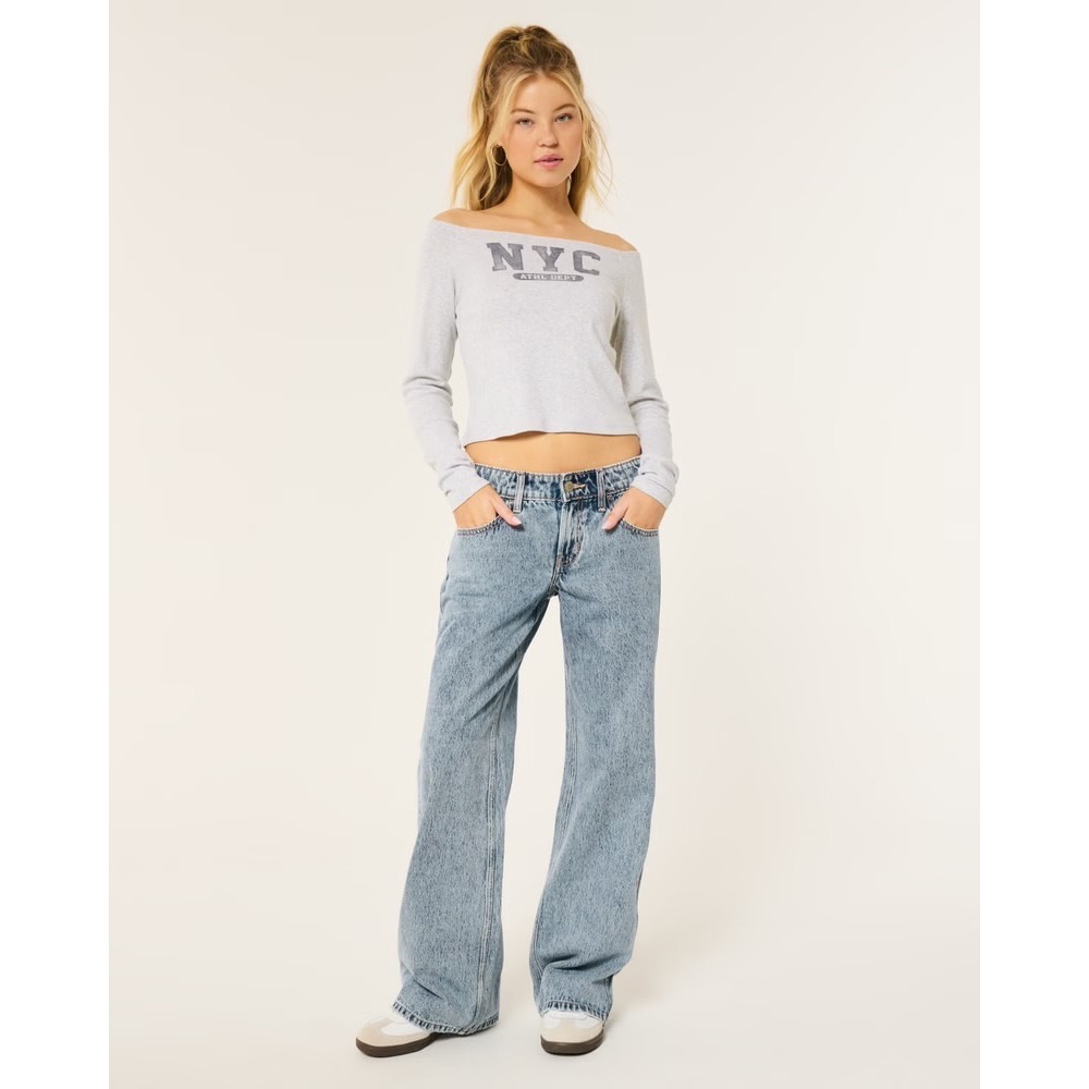 Hollister Low-Rise Baggy Jeans Light Wash Wide Leg Denim W28 Long